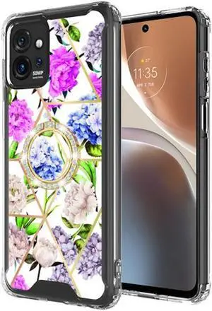 Shockproof Fusion Shield Tough Snap-on Case with Ring Grip for Motorola Moto G Power 5G 2023 - Flower