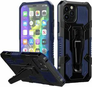 Military Grade Hybrid Armor Case with Integrated Belt Clip and Kickstand for iPhone 14 Plus - Navy Blue