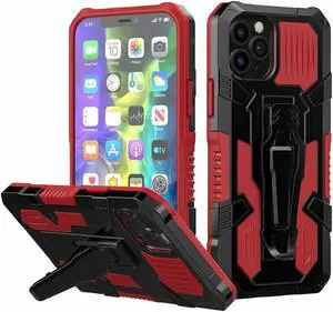 Military Grade Hybrid Armor Case with Integrated Belt Clip and Kickstand for iPhone 14 Plus - Red