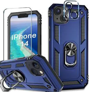 Military Grade Finger Loop Case with 360° Rotating Ring Grip Kickstand + Tempered Glass Screen and Camera Lens Protector for iPhone 14 - Navy Blue