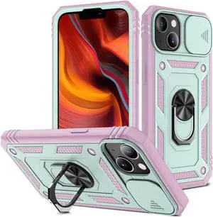 Military Grade Certified Ring Grip Case with Camera Lens Cover for iPhone 14 Pro - Teal Pink