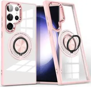 Tough Shield Crystal Case with MagSafe Magnetic Ring Holder for Samsung Galaxy S24 Ultra - Pink