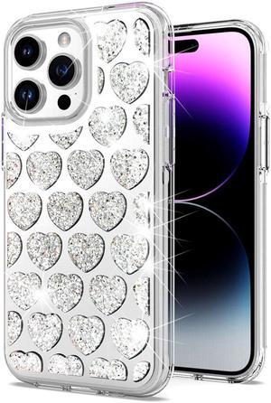 Diamond Encrusted Hybrid Case for iPhone 15 Pro - Heart Silver