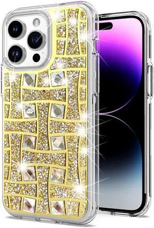 Diamond Encrusted Hybrid Case for iPhone 15 Pro - Basketweave Gold