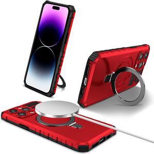 Hybrid Armor Case with MagSafe Ring Stand for iPhone 15 Pro Max  Red