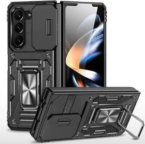 Military Grade Ring Holder Case with Camera Lens Cover for Samsung Galaxy Z Fold 5 - Black