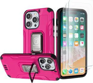 Tough Metallic Hybrid Case with Ring Grip and 3-Pack Tempered Glass Screen Protectors for iPhone 15 Pro Max - Hot Pink