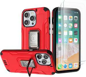 Tough Metallic Hybrid Case with Ring Grip and 3-Pack Tempered Glass Screen Protectors for iPhone 15 Pro Max - Red