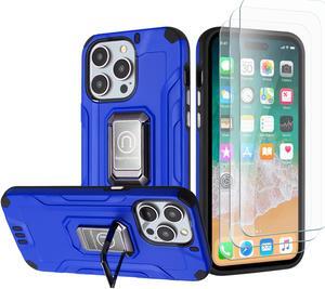 Tough Metallic Hybrid Case with Ring Grip and 3-Pack Tempered Glass Screen Protectors for iPhone 15 Pro - Blue