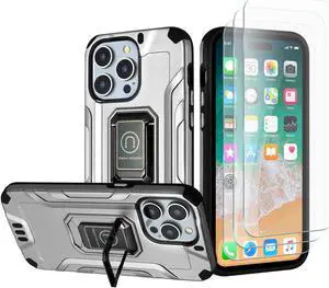 Tough Metallic Hybrid Case with Ring Grip and 3-Pack Tempered Glass Screen Protectors for iPhone 15 Pro - Grey