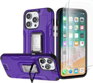 Tough Metallic Hybrid Case with Ring Grip and 3-Pack Tempered Glass Screen Protectors for iPhone 15 Pro - Purple
