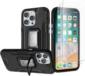 Tough Metallic Hybrid Case with Ring Grip and 3-Pack Tempered Glass Screen Protectors for iPhone 15 - Black