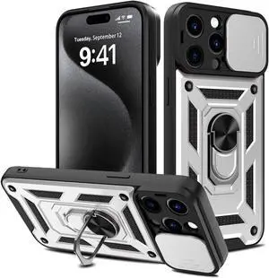 Elite Series Hybrid Case with Ring Grip and Camera Lens Cover for iPhone 15 Pro Max - Silver