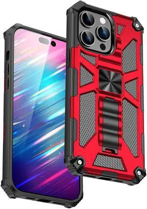Military Grade Tough Ultra Rugged Hybrid Case with Kickstand for iPhone 15 Pro Max - Red