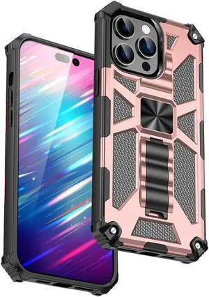Military Grade Tough Ultra Rugged Hybrid Case with Kickstand for iPhone 15 Pro Max - Rose Gold