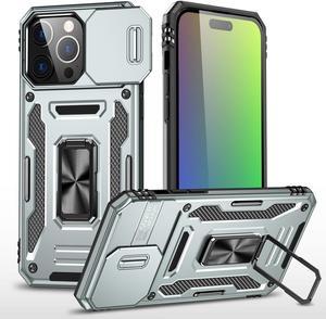 Military Grade Ring Holder Case with Camera Lens Cover for iPhone 15 - Grey