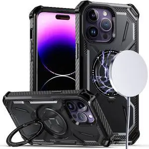 MagSafe Compatible Military Grade Hybrid Case with Kickstand Ring Holder for iPhone 15 Pro Max - Black