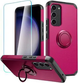 Shockproof Air Cushion Hybrid Case with Ring Grip and Tempered Glass Screen Protector for Samsung Galaxy S23 FE - Hot Pink