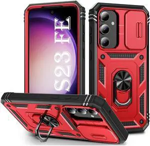 Military Grade Hybrid Case with Ring Grip and Camera Lens Protector for Samsung Galaxy S23 FE - Red