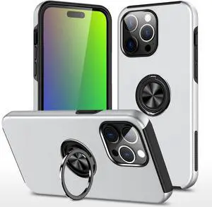 360 Rotating Ring Grip Hybrid Case for iPhone 15 Pro Max - Silver