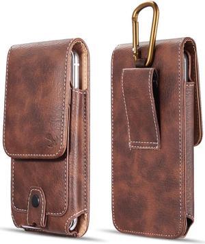 Premium Vertical Leather Pouch Case with Carabiner Clip (6.5 inch & Above Screen Size) - Brown