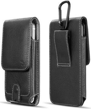 Premium Vertical Leather Pouch Case with Carabiner Clip (6.5 inch & Above Screen Size) - Black