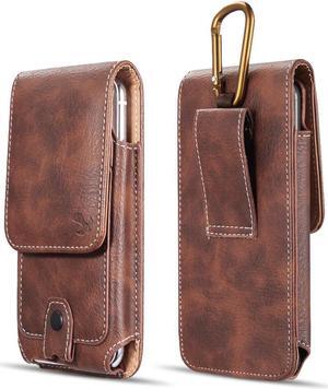 Premium Vertical Leather Pouch Case with Carabiner Clip (6 to 6.49 inch Screen Size) - Brown