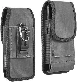 Premium Canvas Fabric Vertical Hip Pouch Phone Case with Carabiner Clip (6 to 6.49 inch Screen Size) - Black