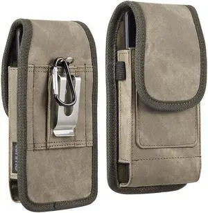 Premium Canvas Fabric Vertical Hip Pouch Phone Case with Carabiner Clip (6.5 inch & Above Screen Size) - Brown