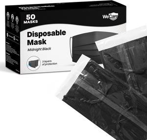 WeCare Disposable Face Mask, 3-Ply with Ear Loop (50 Individually Wrapped) - Midnight Black