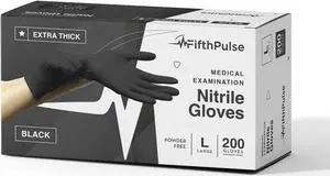 Fifth Pulse Nitrile Exam Latex Free & Powder Free THICKER Gloves - Black (4 mil) - Box of 200 Gloves (Large)