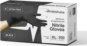 Fifth Pulse Nitrile Exam Latex Free & Powder Free THICKER Gloves - Black (4 mil) - Box of 200 Gloves (XL)