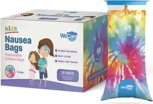 WeCare Kids Disposable Emesis Bags For Nausea and Motion Sickness - Indivdually Wrapped - 20 Pack - Tie Dye Print