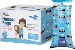 WeCare Kids Disposable Emesis Bags For Nausea and Motion Sickness - Indivdually Wrapped - 20 Pack - Monster Print
