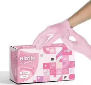 WeCare Nitrile Latex Free & Powder Free Disposable Gloves - Shimmering Pink - Box of 50 Gloves (Large)