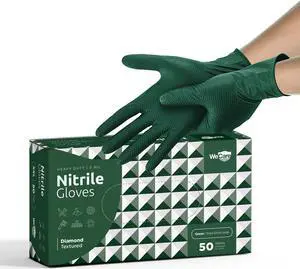 WeCare Nitrile Gloves 8 Mil - Heavy Duty Gloves with Diamond Texture Grip - Powder and Latex Free Disposable Gloves - XXL - 50 Count - Green