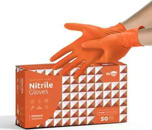 WeCare Nitrile Gloves 8 Mil - Heavy Duty Gloves with Diamond Texture Grip - Powder and Latex Free Disposable Gloves - XL - 50 Count - Orange