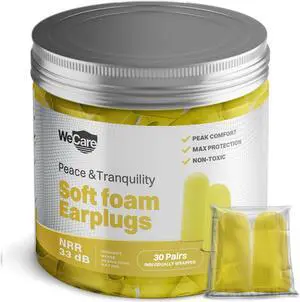 WeCare Individually Wrapped Soft Foam Highest NRR 33dB Earplugs 30 Pairs - Yellow