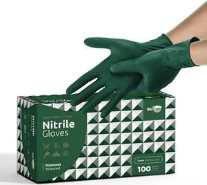WeCare Nitrile Gloves 8 Mil - Heavy Duty Gloves with Diamond Texture Grip - Powder and Latex Free Disposable Gloves - XL - 100 Count - Green