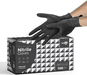 WeCare Nitrile Gloves 8 Mil - Heavy Duty Gloves with Diamond Texture Grip - Powder and Latex Free Disposable Gloves - XL - 100 Count - Black