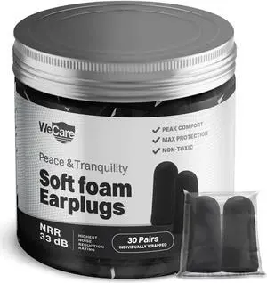 WeCare Individually Wrapped Soft Foam Highest NRR 33dB Earplugs 30 Pairs - Black