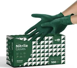 WeCare Nitrile Gloves 8 Mil - Heavy Duty Gloves with Diamond Texture Grip - Powder and Latex Free Disposable Gloves - Medium - 100 Count - Green