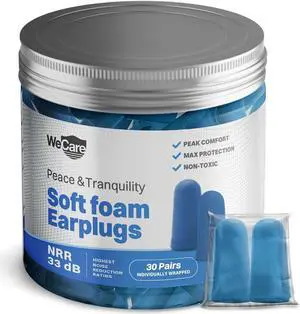 WeCare Individually Wrapped Soft Foam Highest NRR 33dB Earplugs 30 Pairs - Blue