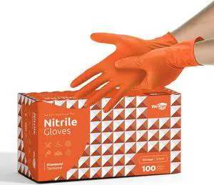 WeCare Nitrile Gloves 8 Mil - Heavy Duty Gloves with Diamond Texture Grip - Powder and Latex Free Disposable Gloves - Small - 100 Count - Orange