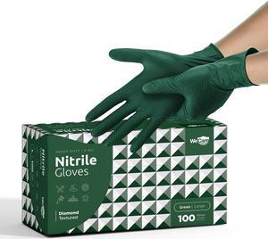 WeCare Nitrile Gloves 8 Mil - Heavy Duty Gloves with Diamond Texture Grip - Powder and Latex Free Disposable Gloves - Large - 100 Count - Green