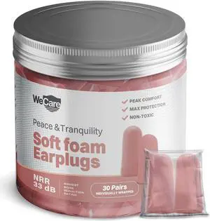 WeCare Individually Wrapped Soft Foam Highest NRR 33dB Earplugs 30 Pairs - Pink