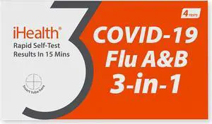 iHealth® COVID-19/Flu A&B 3-in-1 Rapid Test, Results in 15 Minutes, FDA Authorized OTC Home Test, Non-invasive Nasal Swab, Easy to Use, No Discomfort (1 Pack, 4 Tests Total)