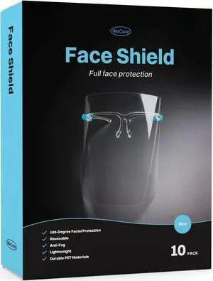 WeCare Face Shield Blue Eyeglasses Frame - Full Face Protection - Pack of 10 (includes Cleaning Cloth)