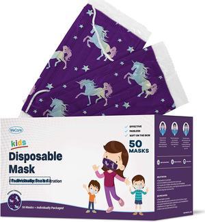 WeCare Disposable Face Mask, 3-Ply with Ear Loop (50 Individually Wrapped) - For Kids - Unicorn