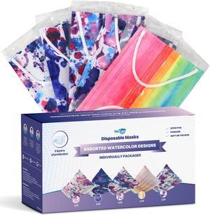 WeCare Disposable Face Mask, 3-Ply with Ear Loop (50 Individually Wrapped) - Assorted Watercolor